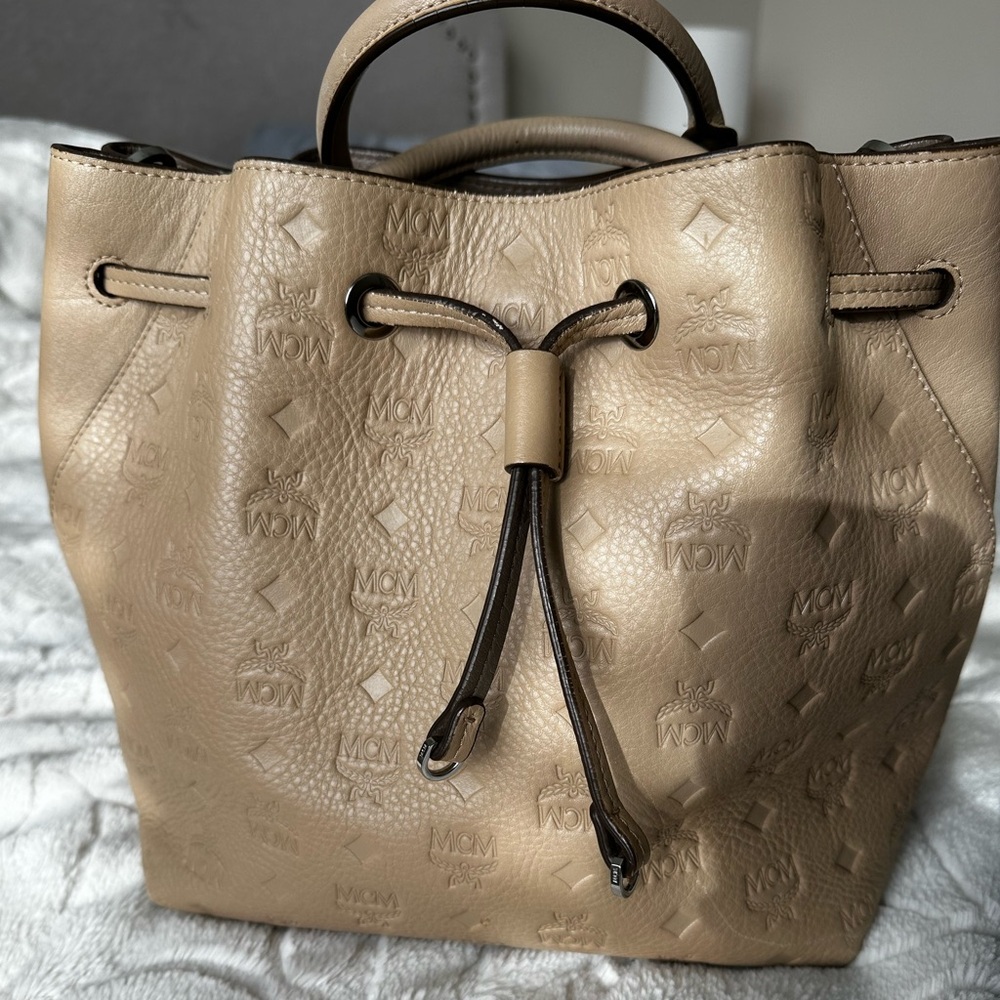 MCM Beige/Cream embossed Monogram Bucket bag
